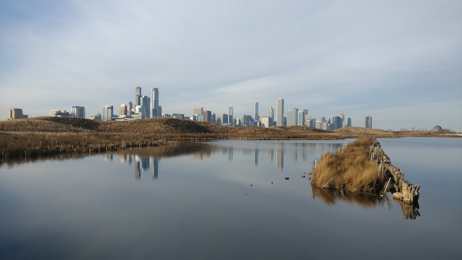 Reflected skyline from Northerly Island in Chicago